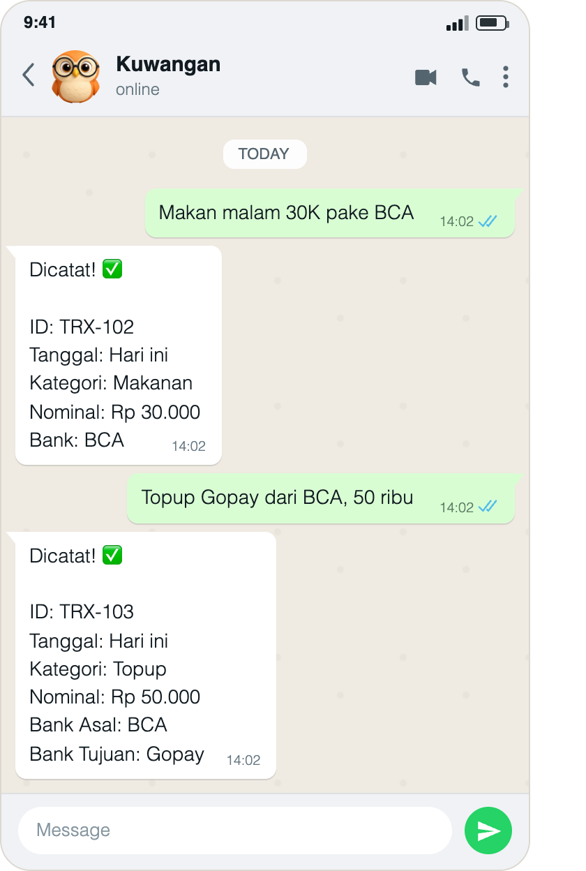 Contoh percakapan WhatsApp dengan Kuwangan AI